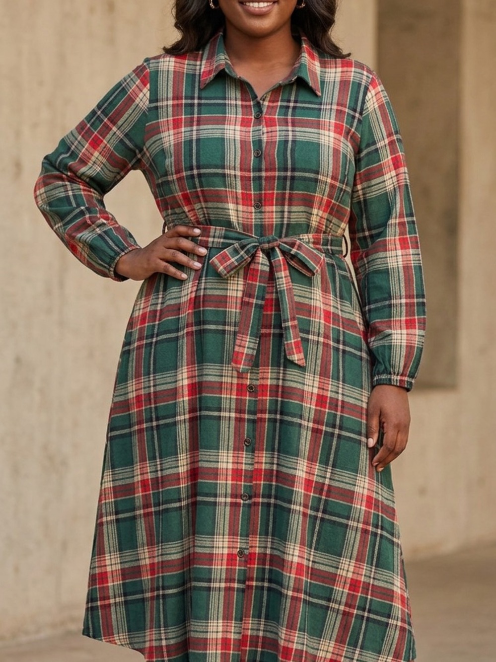 Plaid Button-Front Midi Dress with Waist Tie - Green/Red